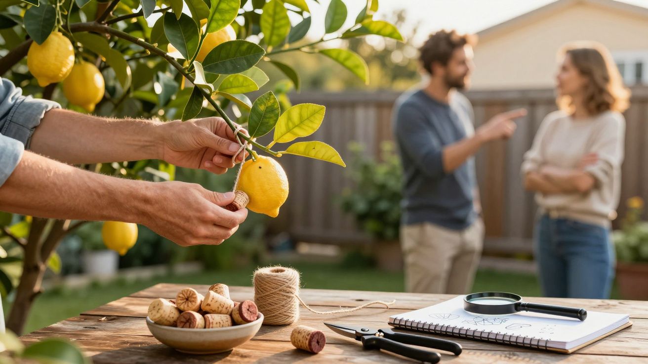 Mãos colhem limão de árvore, com cadernos e tesoura sobre mesa de madeira; duas pessoas desfocadas ao fundo.