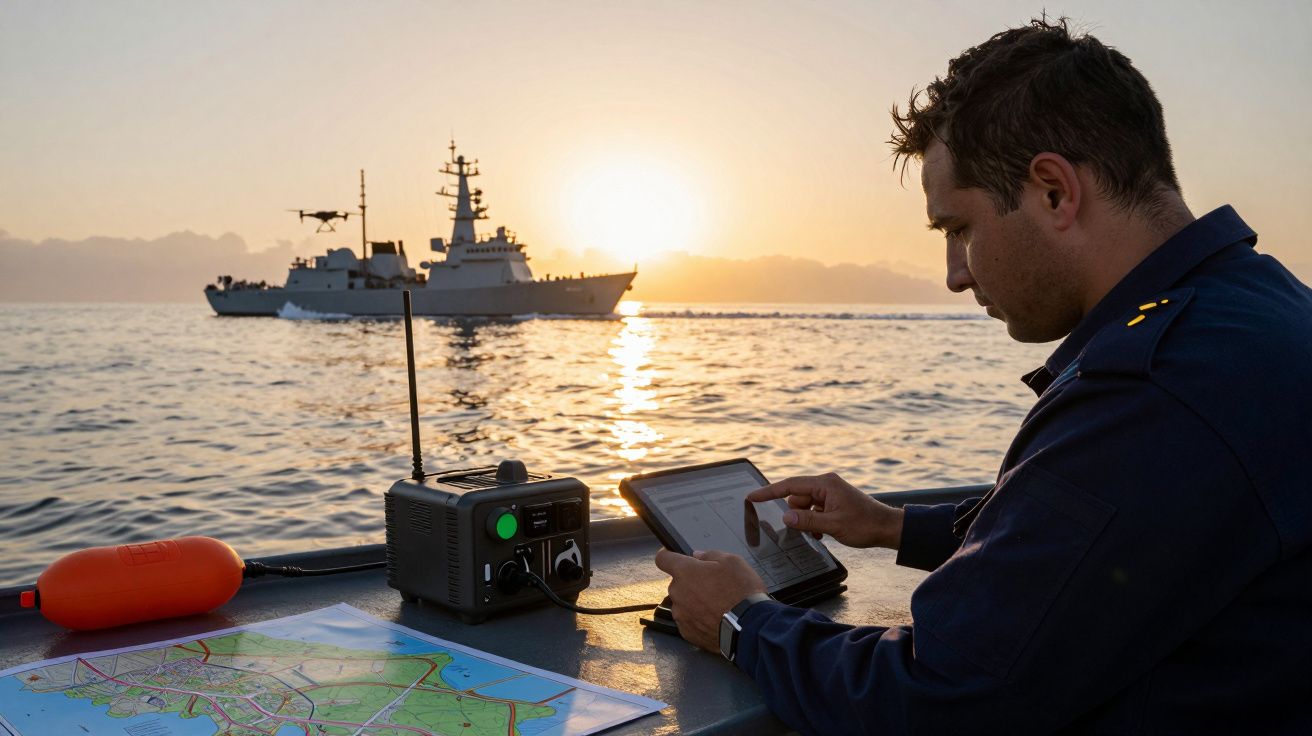 Homem num barco com tablet, mapa e rádio, ao pôr do sol; navio de guerra ao fundo.