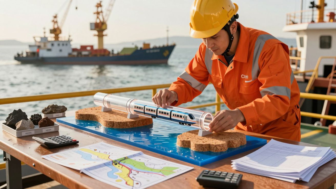 Engenheiro de capacete e fato de proteção, analisa maquete de projeto marítimo com mapas e navios ao fundo.