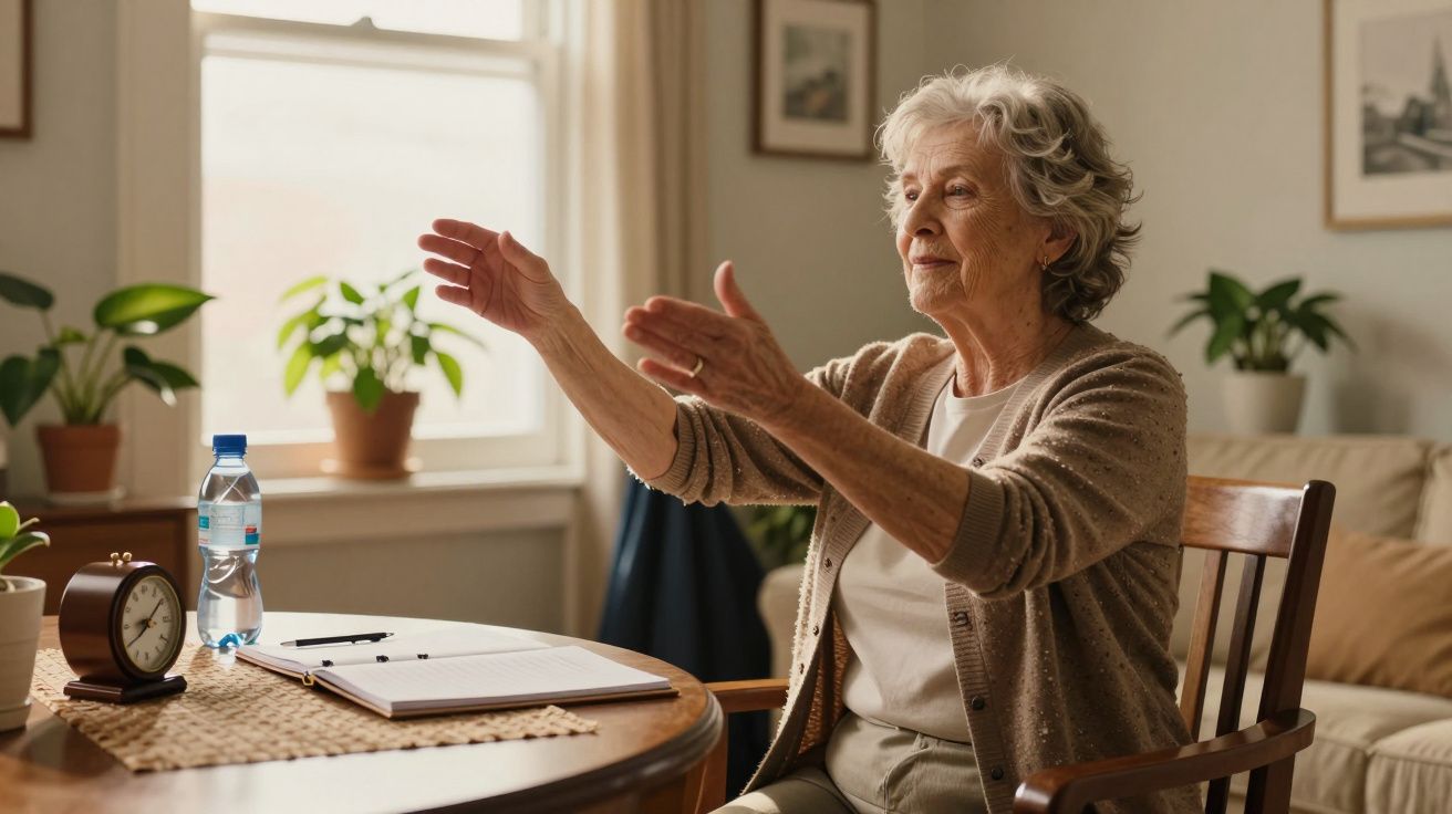 Senhora idosa sentada numa cadeira, com os braços estendidos, numa sala iluminada com plantas e uma mesa à frente.