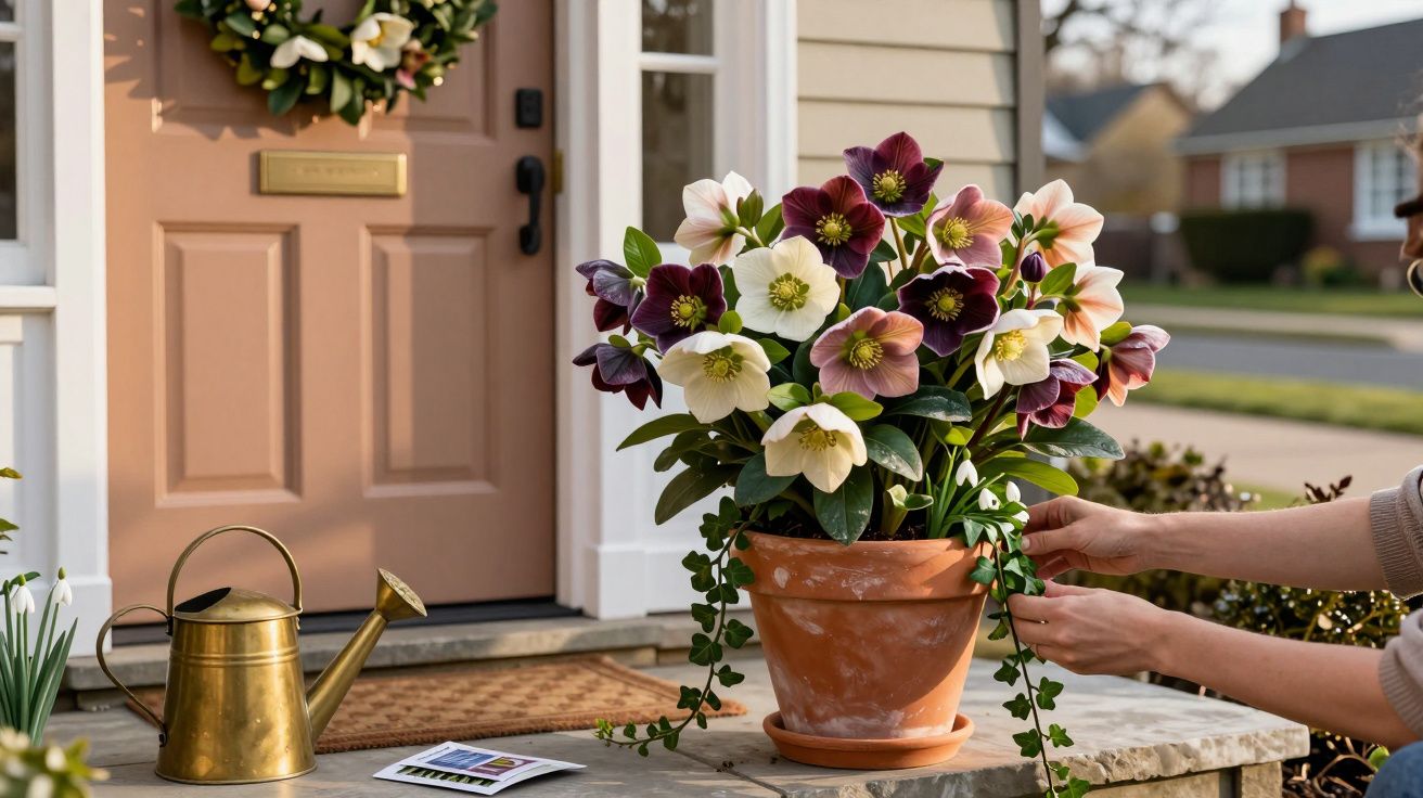 Planta num vaso à porta de entrada, rodeada por regador dourado e folhetos, cenário de jardim primaveril.