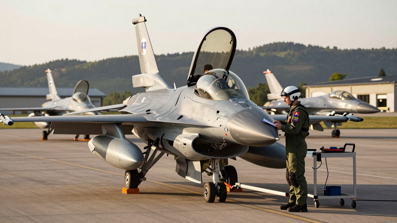 Piloto ao lado de um caça F-16 estacionado na pista, realizando verificações antes do voo, com montanhas ao fundo.