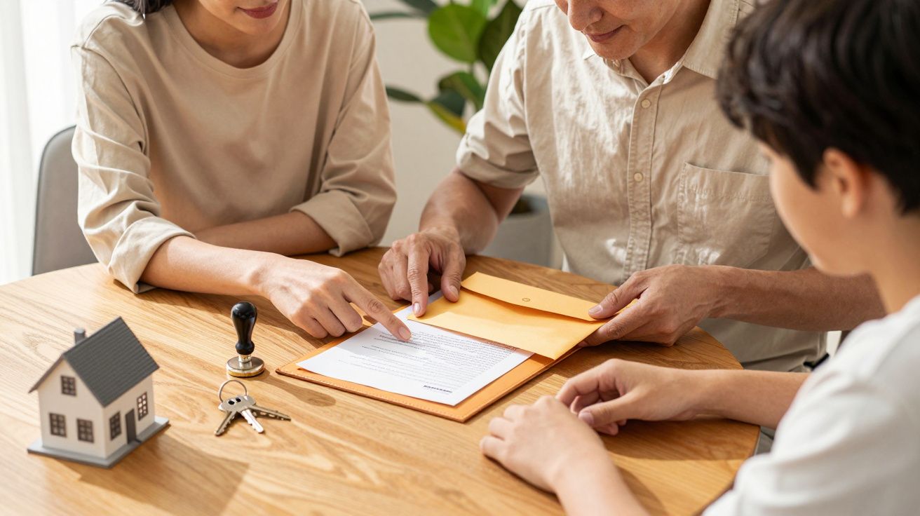 Pessoas analisando documento sobre casa em miniatura e chaves numa mesa de madeira.
