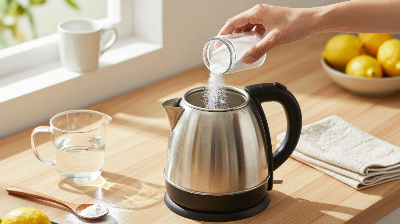 Mão despejando pó branco numa chaleira elétrica numa cozinha iluminada, com limões e utensílios ao fundo.