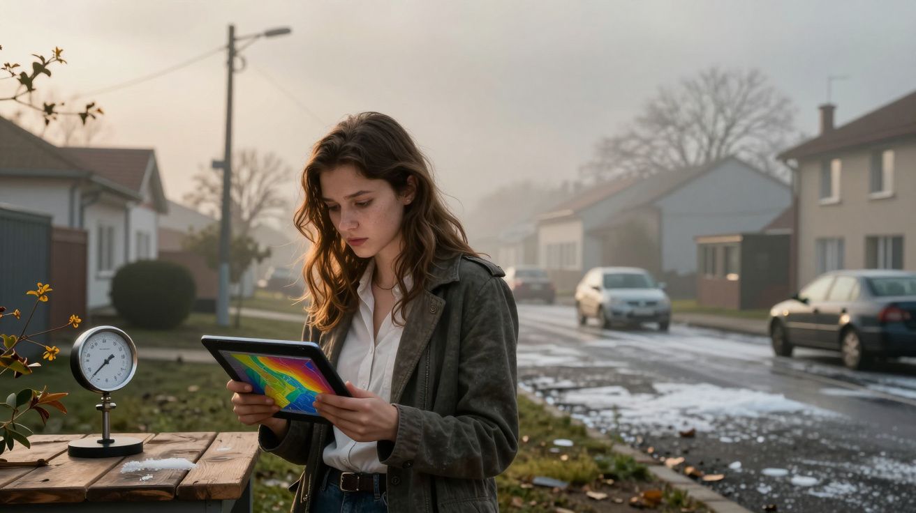 Mulher com tablet colorido em rua residencial nublada, com um manómetro sobre uma mesa ao lado.