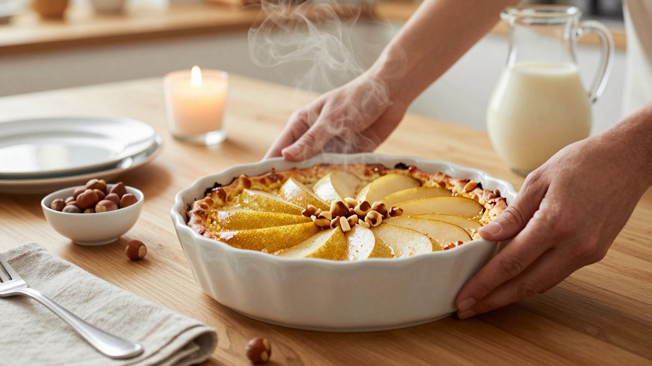 Pessoa coloca tarte de pera e avelãs numa mesa de madeira, com jarro de leite e vela ao fundo.