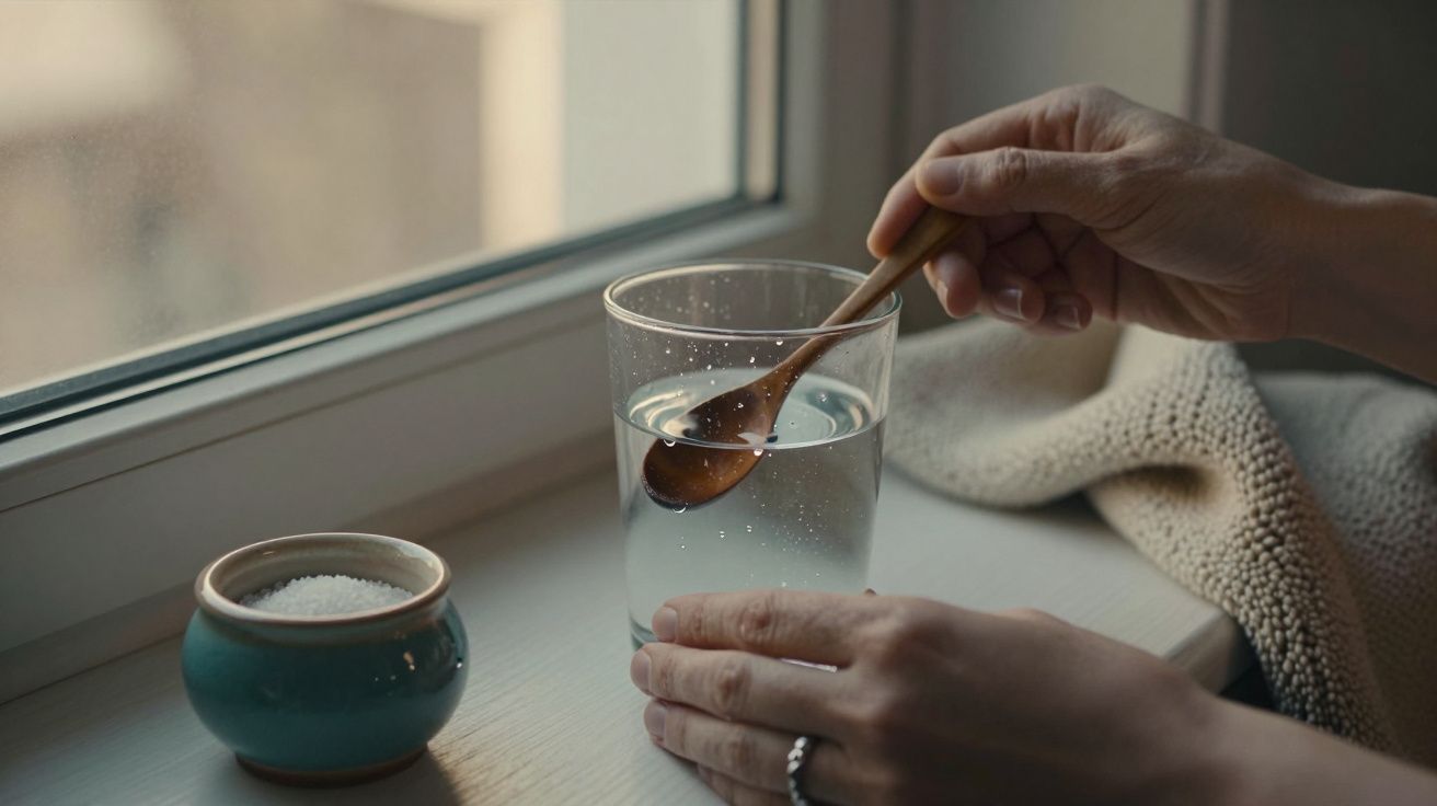 Mão mexe água com colher num copo. Sal num pote ao lado, janela ao fundo.