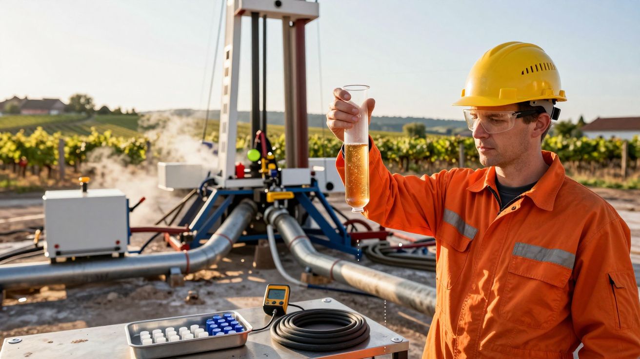 Trabalhador em fato laranja e capacete amarelo analisa amostra de líquido em campo com equipamento industrial ao fundo.