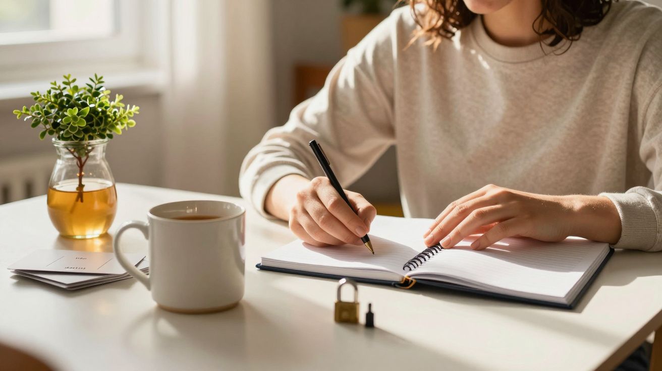 Pessoa a escrever num caderno numa mesa com uma caneca, planta e fechadura em ambiente iluminado por luz natural.