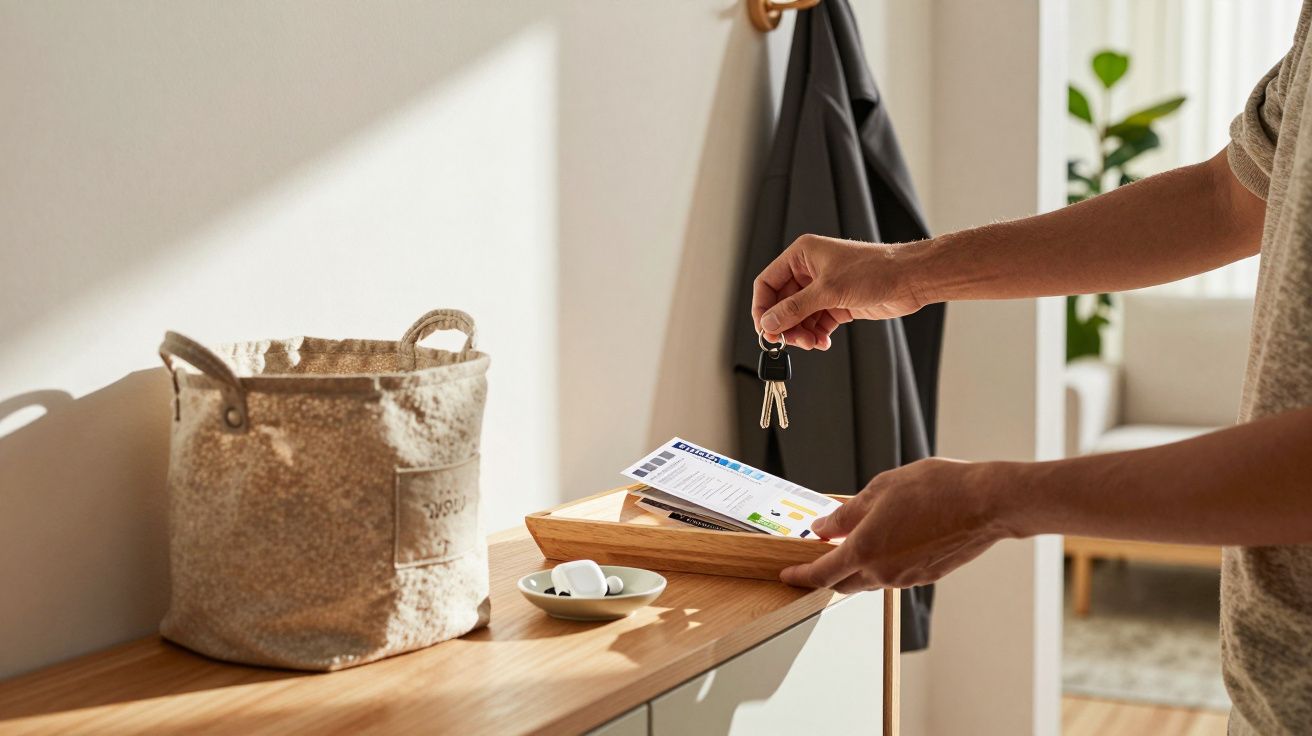 Pessoa coloca chaves numa bandeja de madeira sobre a cómoda junto a um cesto e uma tigela, com um casaco pendurado ao fundo.