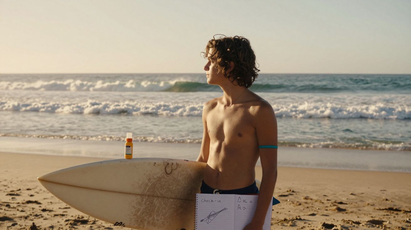 Jovem com prancha de surf e bloco de notas observa o mar numa praia ensolarada.