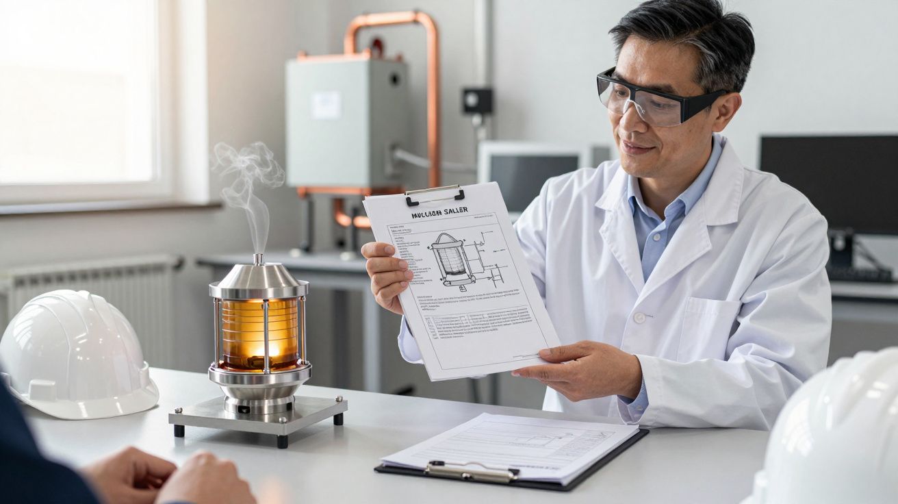 Cientista em laboratório mostra desenho técnico enquanto examina equipamento com fumo.