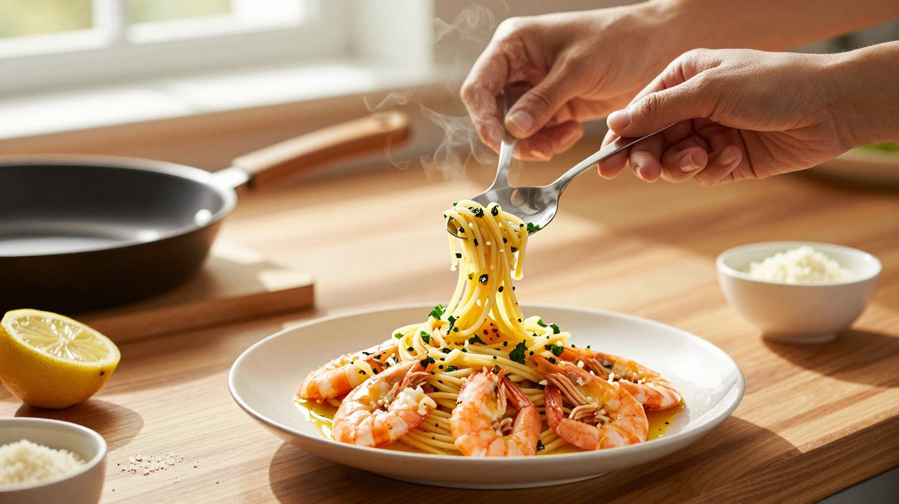 Mãos seguram garfo e colher, levantando esparguete com camarões e ervas num prato, em cima de uma mesa de madeira.