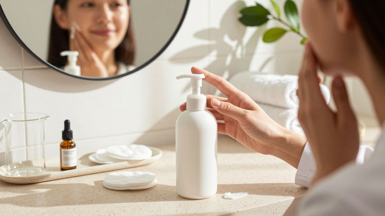 Mulher aplicando produto de cuidado facial diante do espelho, com frasco de creme e acessórios de beleza na bancada.