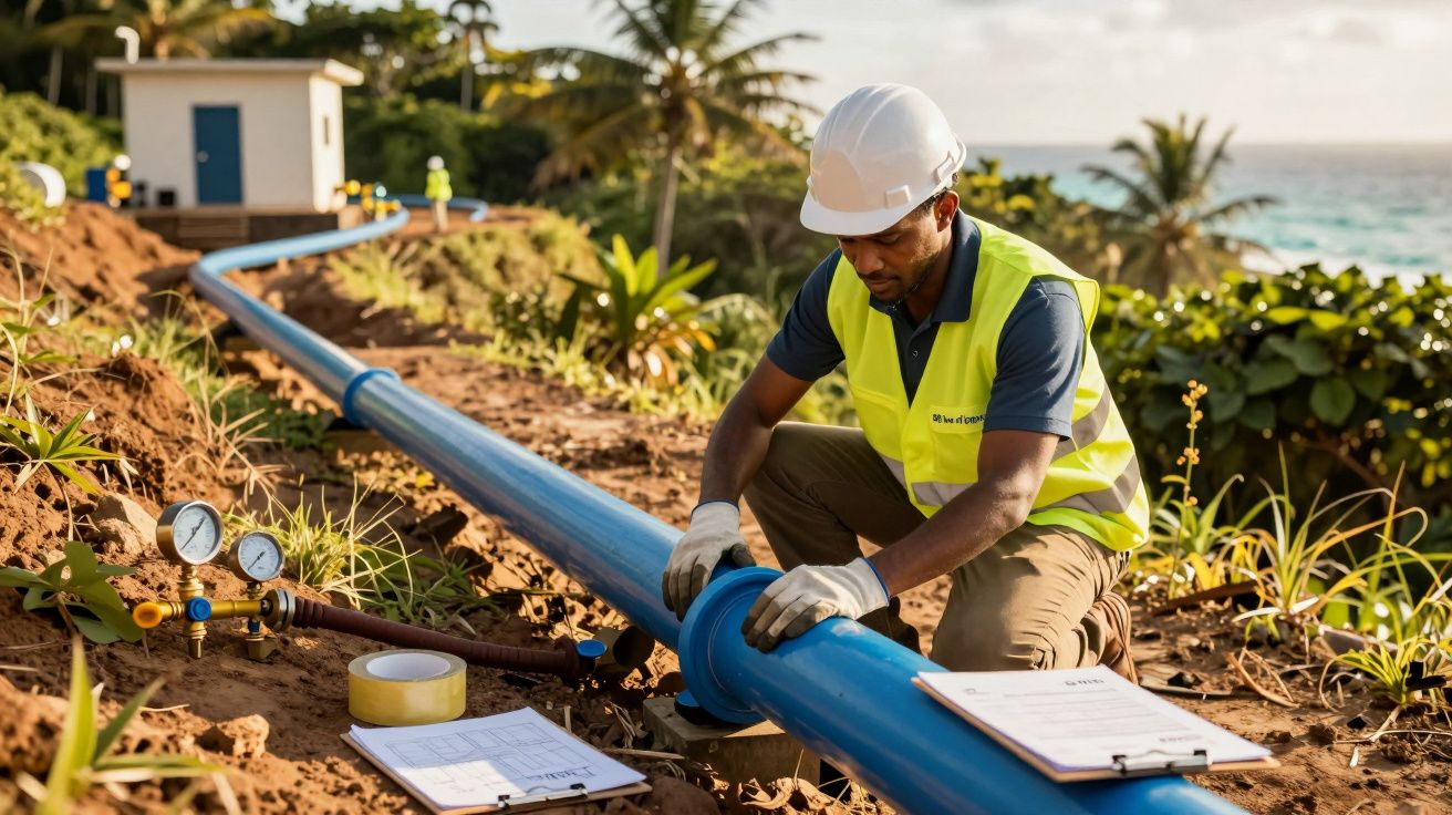 Trabalhador com capacete e colete verifica tubagem azul em área costeira, rodeado de plantas e equipamentos.