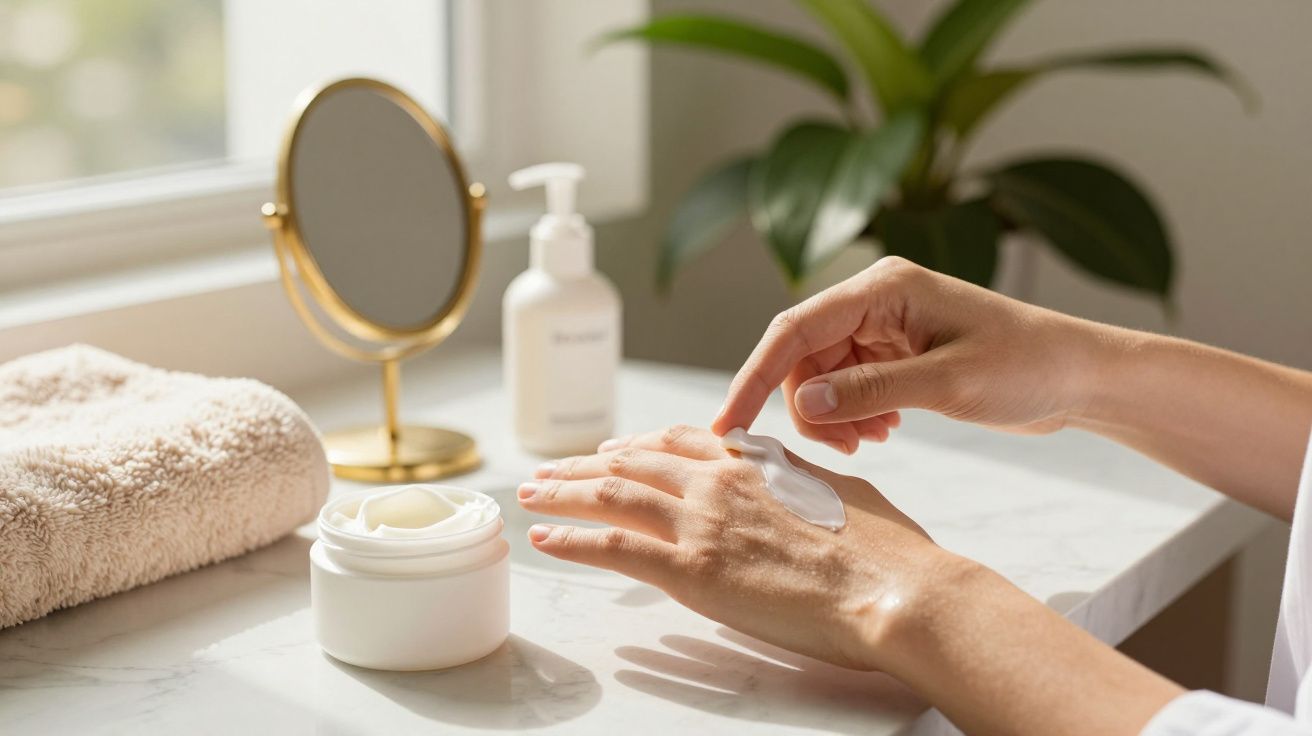 Mãos aplicando creme hidratante em ambiente de spa, com toalha, espelho e planta ao fundo.