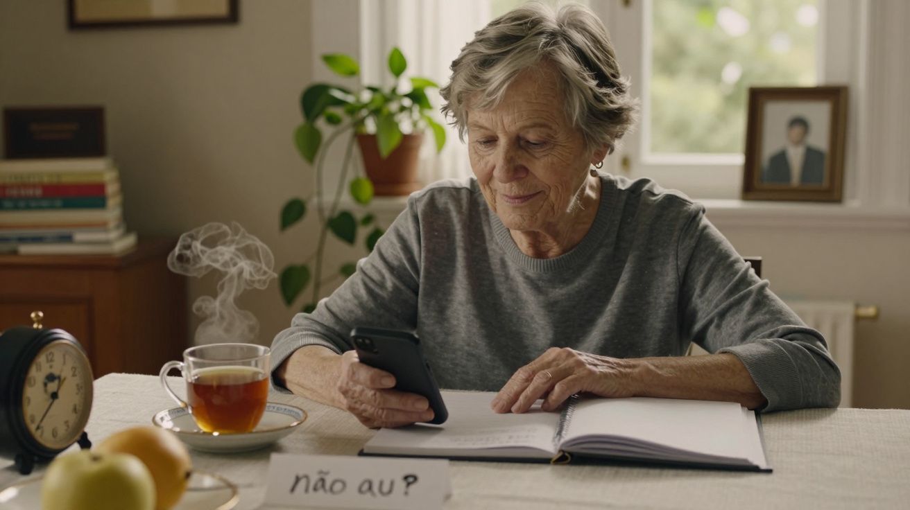 Idosa sentada à mesa, olhando o telemóvel, com chá e livro aberto. Nota ao lado com a inscrição "não au?".
