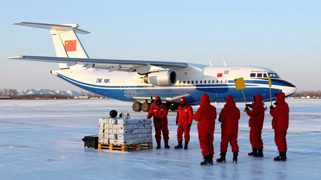 Grupo em frente a um avião branco e azul no gelo, usando roupas vermelhas e preparando carga em caixotes.