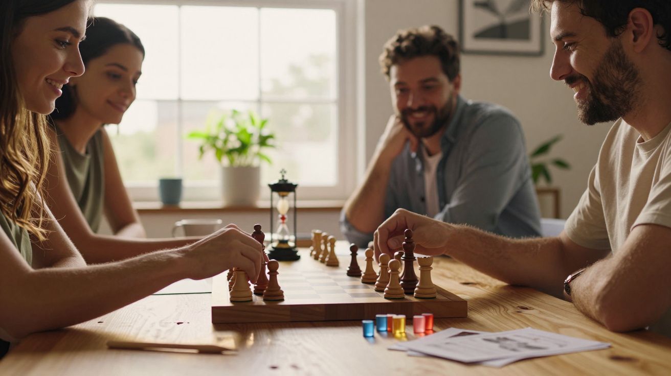 Duas pessoas jogam xadrez numa sala iluminada, enquanto outras duas observam, com uma ampulheta na mesa.