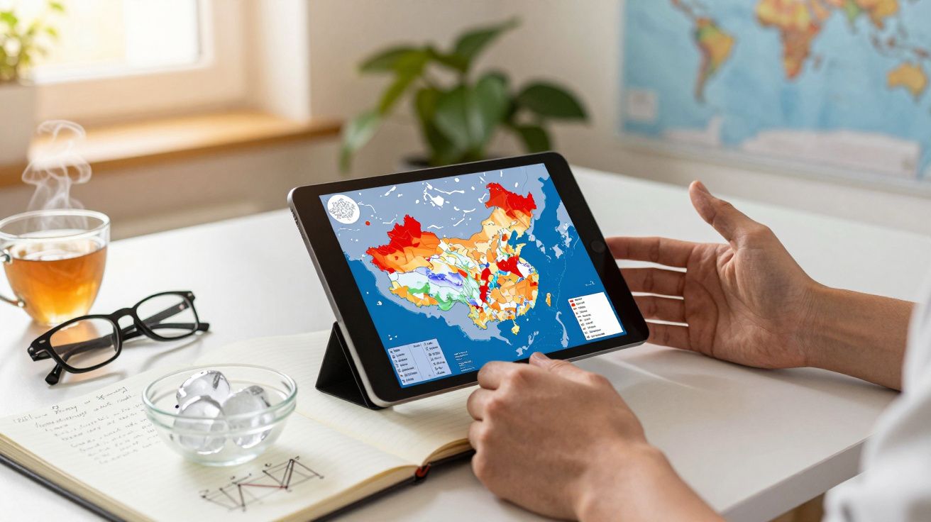 Pessoa consulta mapa climático em tablet; mesa com óculos, chá e caderno de apontamentos.