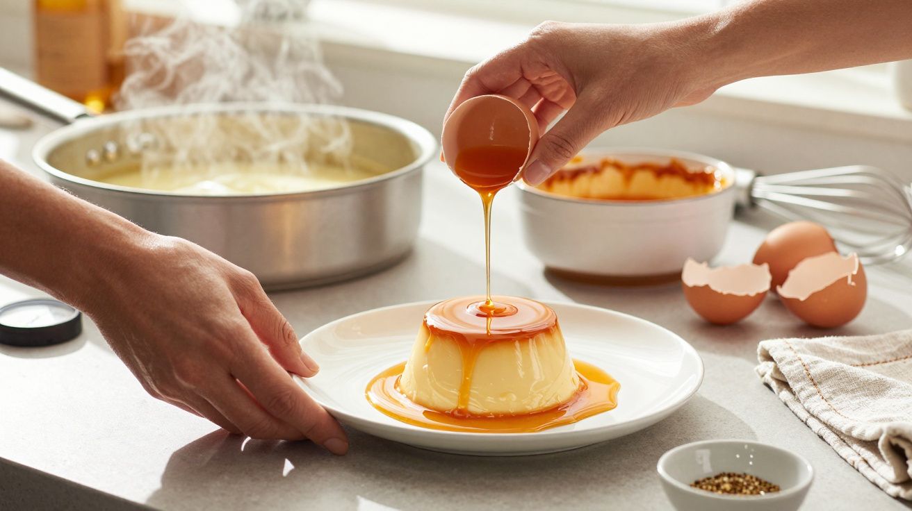 Pudim de caramelo a ser regado numa cozinha, com utensílios e ovos partidos ao fundo.