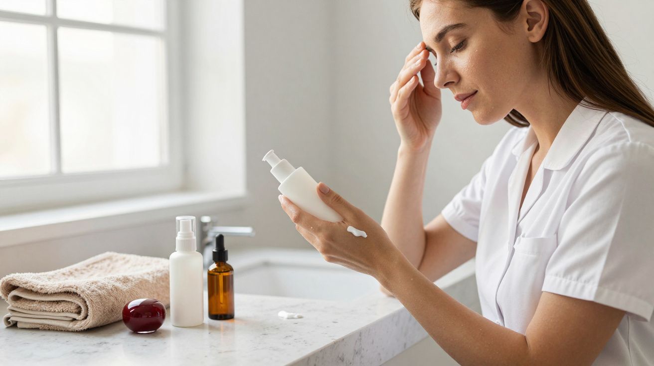 Mulher aplica creme no rosto em casa de banho, com toalhas e frascos sobre a bancada.