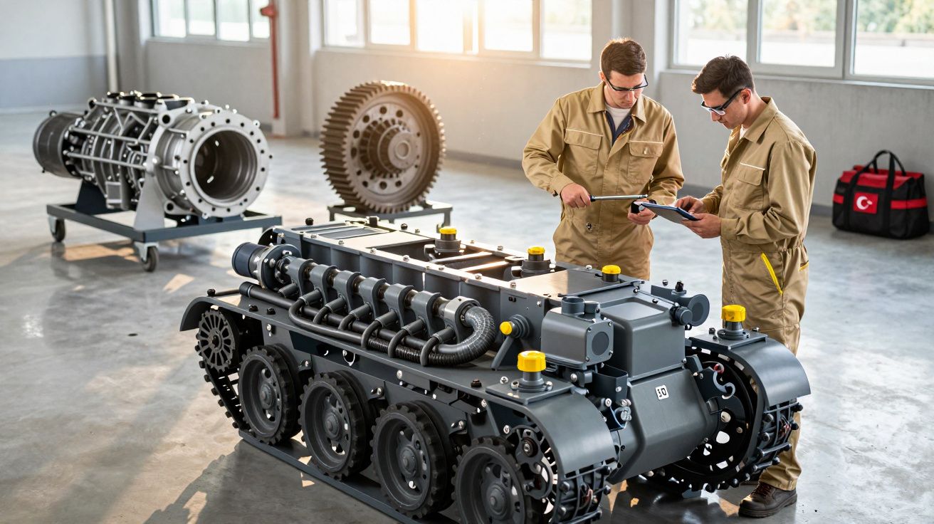 Dois engenheiros em macacões observam um protótipo de veículo industrial numa oficina com luz natural.