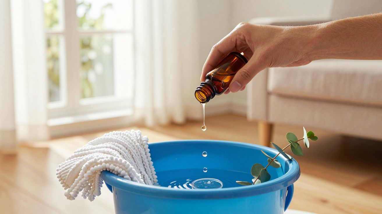 Mão feminina a verter óleo essencial num balde de água azul, com trapo e folhas de eucalipto ao lado.
