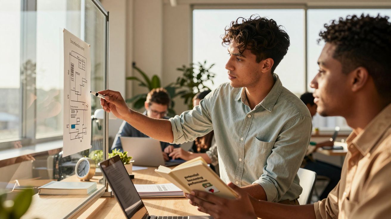 Dois homens discutem um diagrama afixado na parede em frente a um laptop numa sala de trabalho colaborativa.