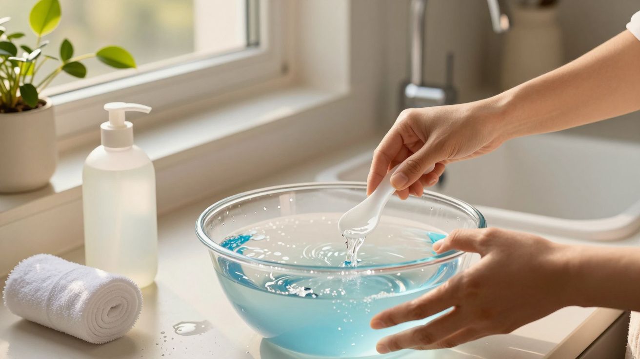 Mãos segurando uma colher branca sobre uma tigela com água azul, toalha e saboneteira ao lado da janela.