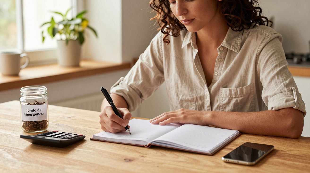 Mulher a escrever num caderno com um frasco de "Fundo de Emergência", uma calculadora, e um telemóvel sobre a mesa.
