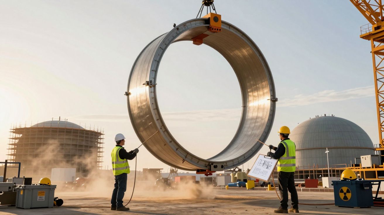 Trabalhadores num estaleiro, erguendo uma estrutura metálica circular com um guindaste, ao lado de cúpulas industriais.