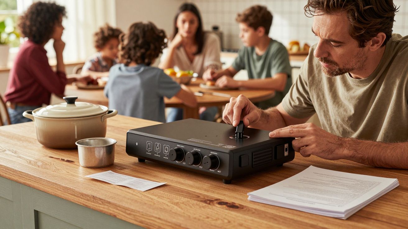 Homem ajusta dispositivo de som na cozinha enquanto família conversa ao fundo.