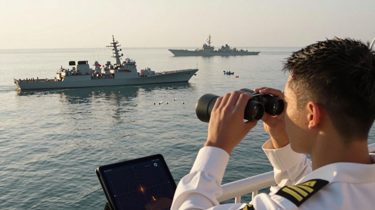 Oficial da marinha observa navios de guerra no mar com binóculos, segurando um tablet com radar na mão.