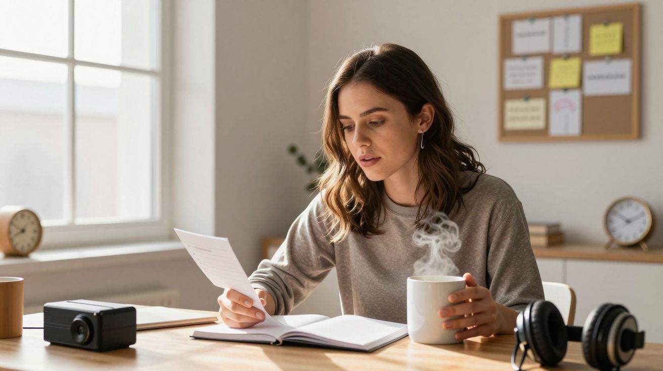 Mulher lendo e segurando uma chávena de café numa mesa, com caderno, auriculares e máquina fotográfica ao lado.