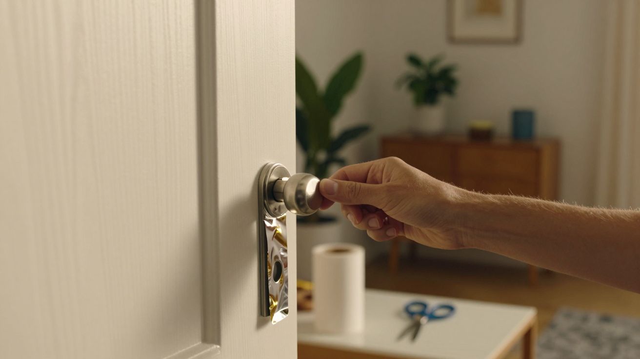 Mão a abrir uma porta branca, com mobiliário e plantas visíveis no interior de uma divisão iluminada.