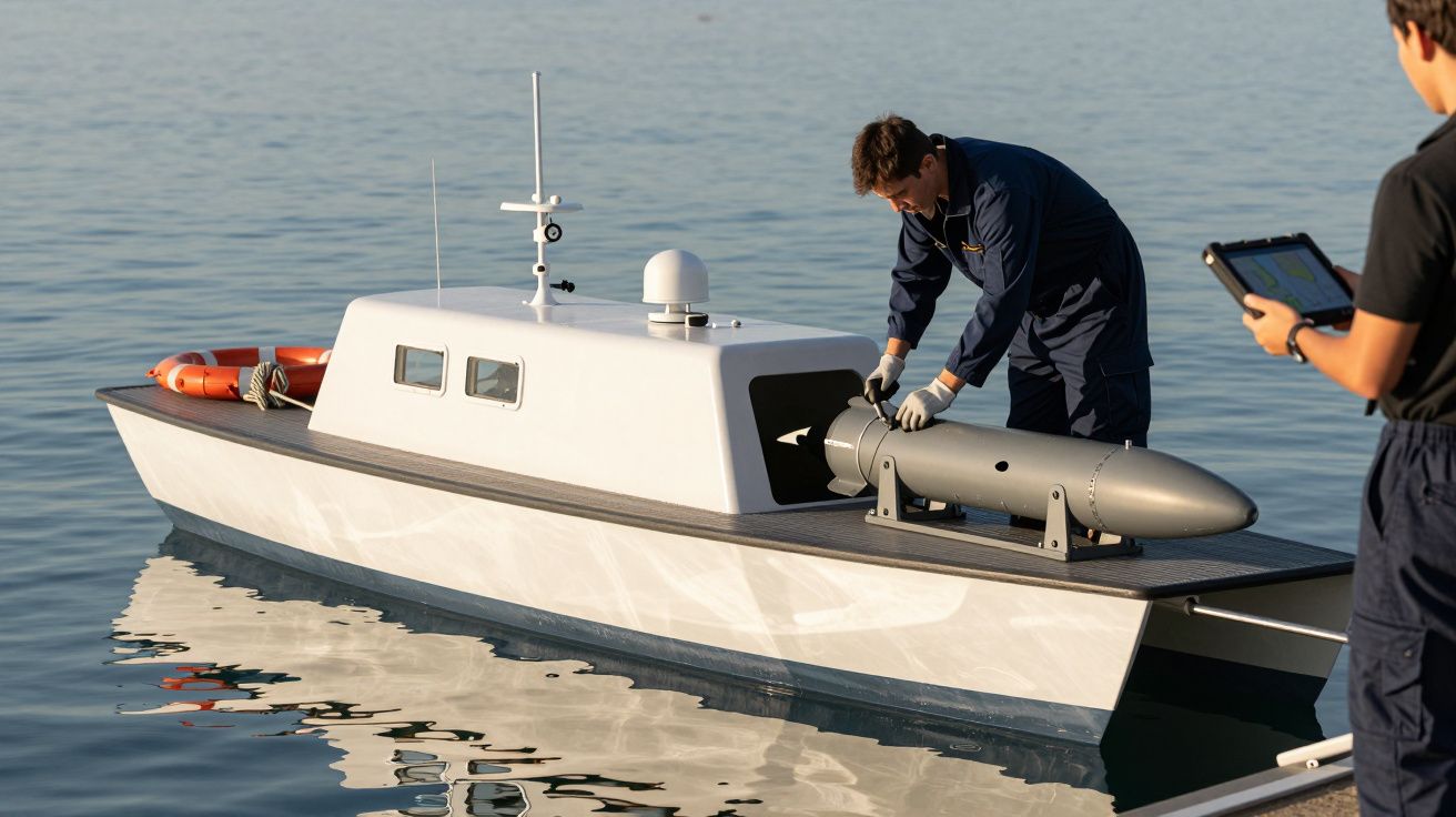 Dois homens operam um barco no mar, um ajusta um dispositivo no convés, enquanto o outro usa um tablet.