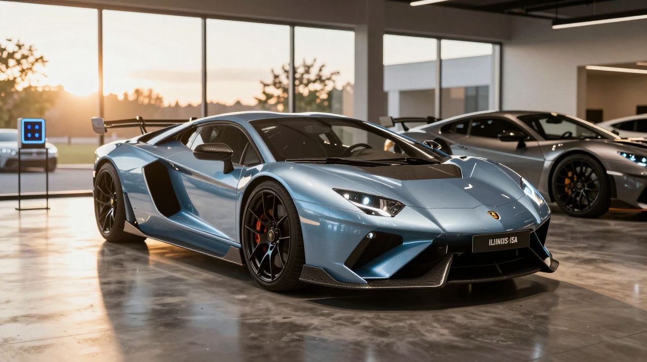 Carro desportivo azul metalizado em exposição numa sala com luz do pôr do sol ao fundo.