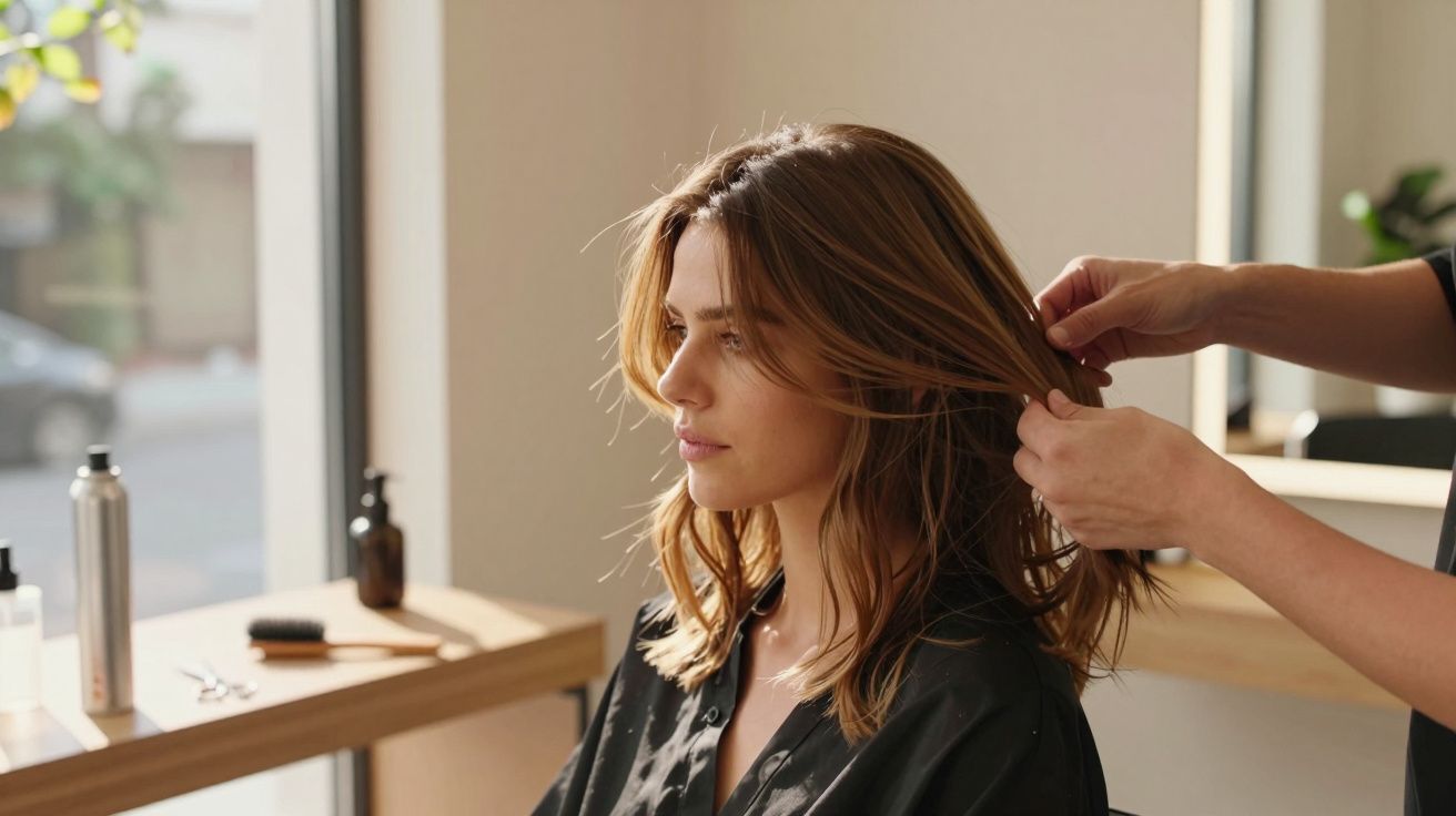 Mulher sentada num salão de cabeleireiro, com cabelo castanho a ser ajustado por cabeleireiro, mesa com produtos ao fundo.