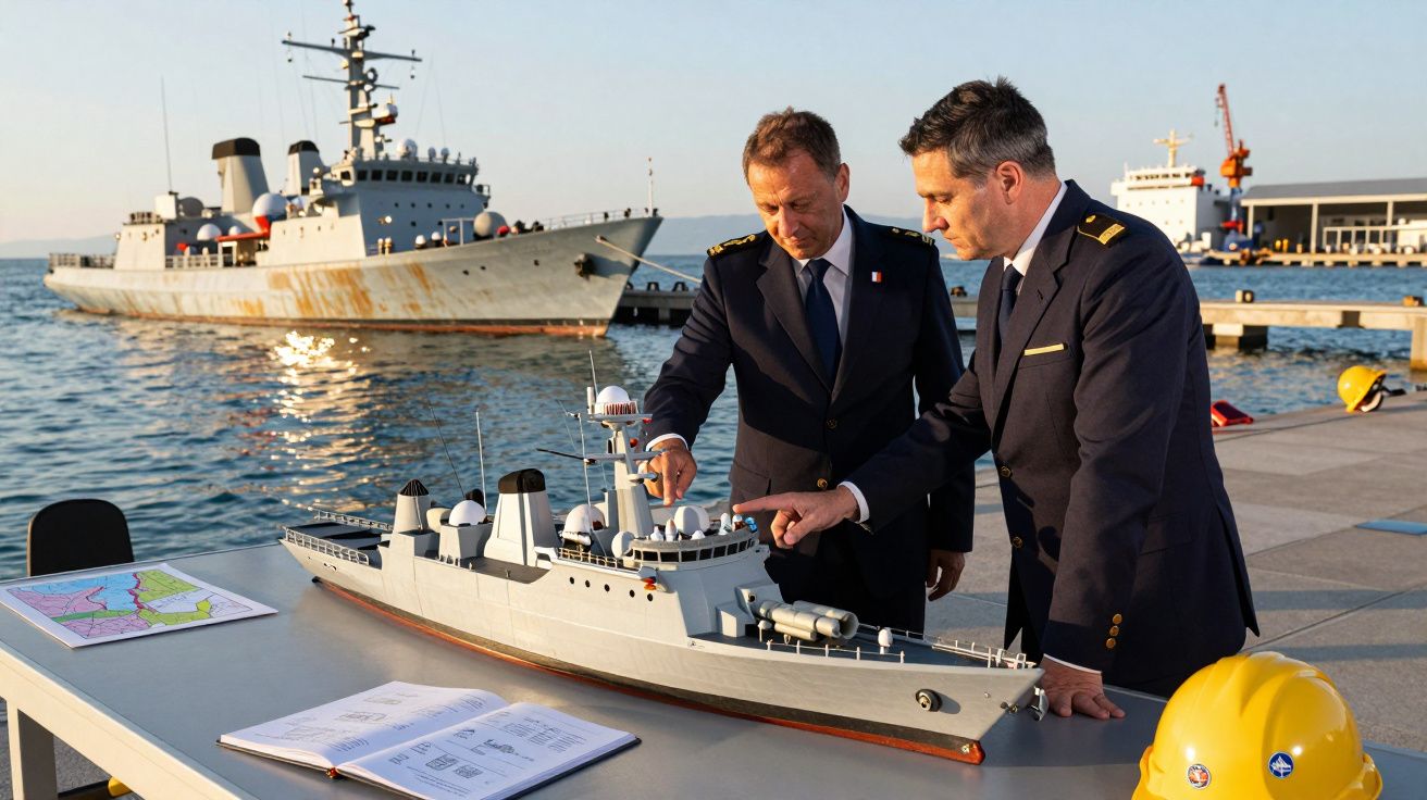 Dois oficiais navais examinam modelo de navio sobre mesa, com navio real ao fundo, junto a um porto.