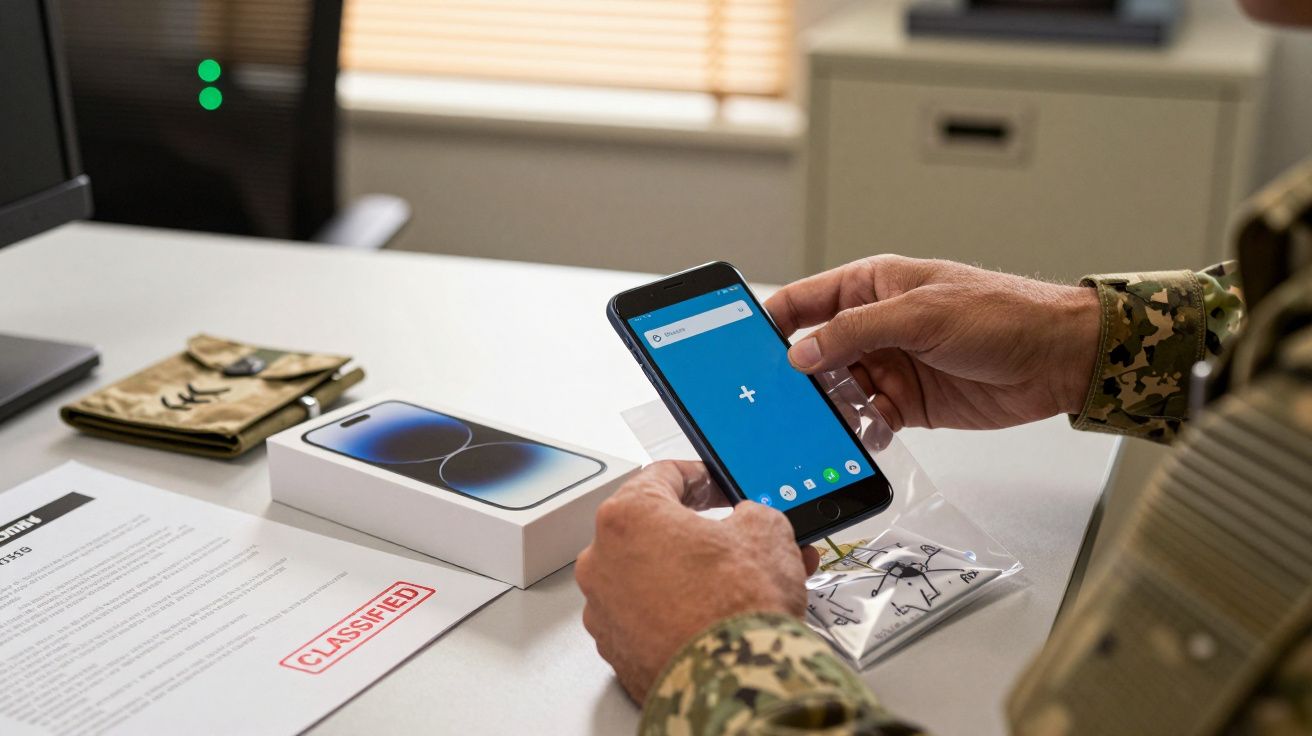 Pessoa em uniforme militar manuseia smartphone em mesa com documentos classificados e caixa aberta de telefone.