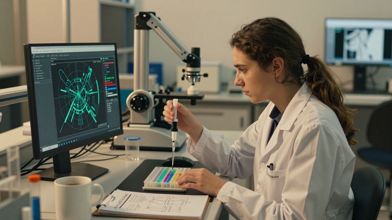Investigadora em laboratório usando micropipeta, com monitor exibindo análises e microscópio ao fundo.