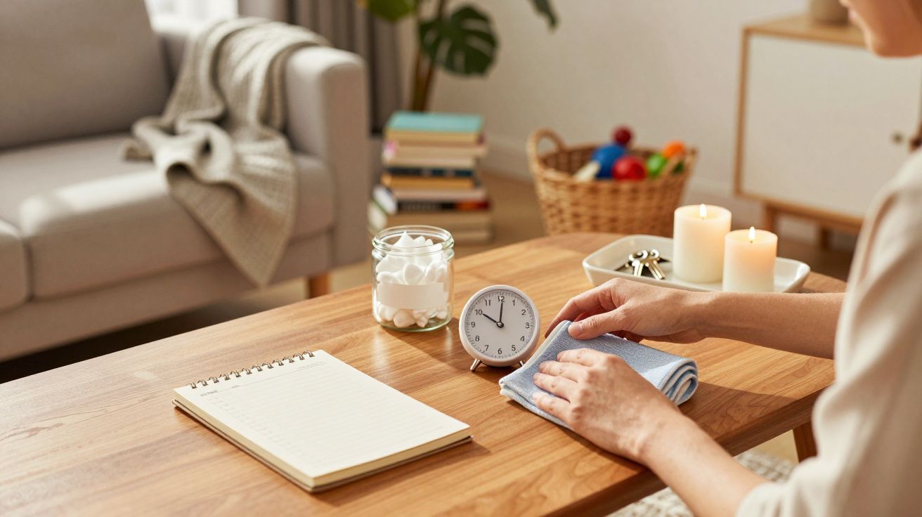 Mesa de madeira com bloco de notas, relógio analógico, velas acesas e jarro de algodão; mãos organizando o espaço.