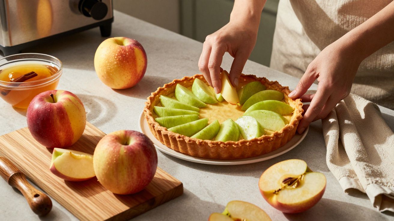 Pessoa decora tarte com fatias de maçã verde. Maçãs vermelhas e chá com canela ao lado.