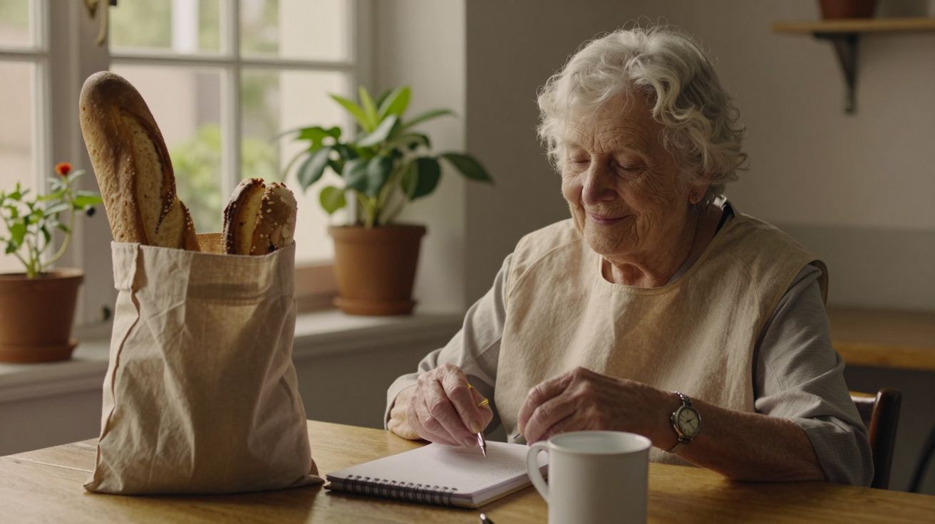 Idosa sorridente escrevendo num caderno ao lado de um saco de pão na mesa, com plantas ao fundo.