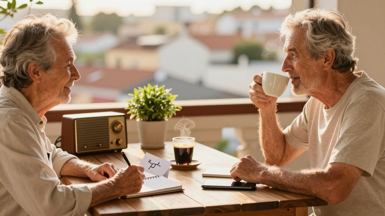 Dois homens idosos conversam e bebem café numa varanda ensolarada.