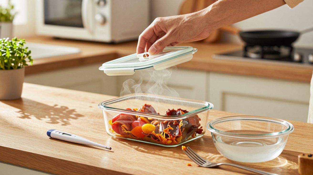 Mão abre tampa de recipiente de vidro com alimentos fumegantes numa cozinha moderna, ao lado de termómetro e tigela.