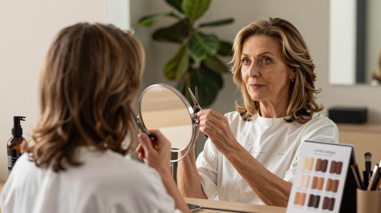 Mulher idosa a cortar o cabelo em frente ao espelho numa sala com plantas e palete de cores ao lado.