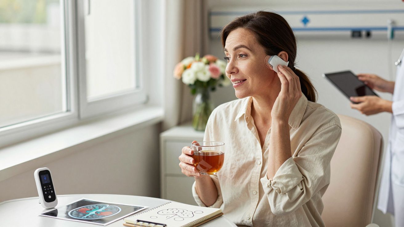 Mulher relaxa enquanto segura chá e dispositivo próximo à orelha, com médico ao fundo e scanner cerebral na mesa.