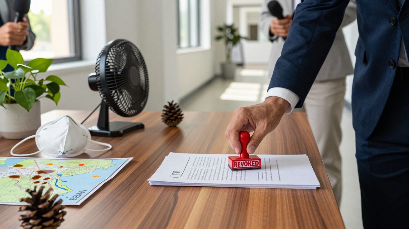 Mão de um homem a carimbar um documento com "REVOKED" numa mesa com máscara, mapa e ventoinha.